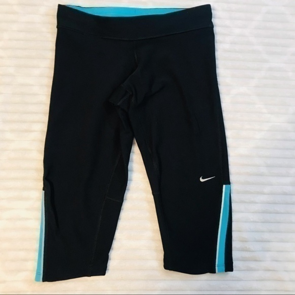 Nike Running Dri-Fit Black Teal Blue Capri Leggings Tights Size XS